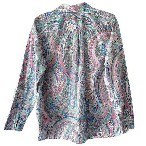 TALBOTS LONG SLEEVE PAISLEY BLOUSE BUTTON FRONT PURE COTTON PINK & BLUE | LARGE - Picture 9 of 11